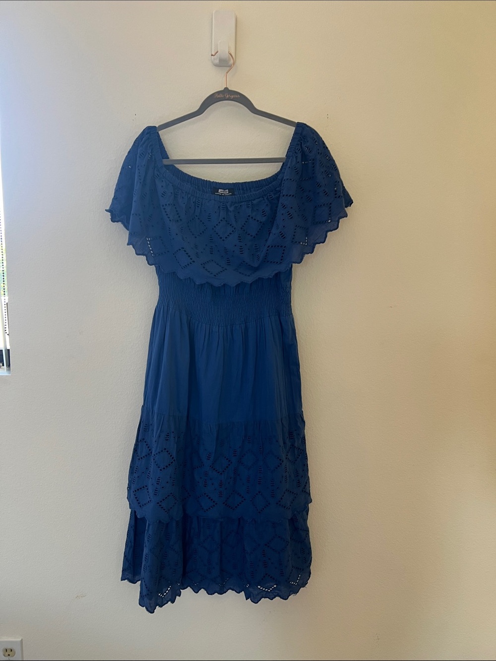 Women’s Off-Shoulder Navy Eyelet Midi Dress